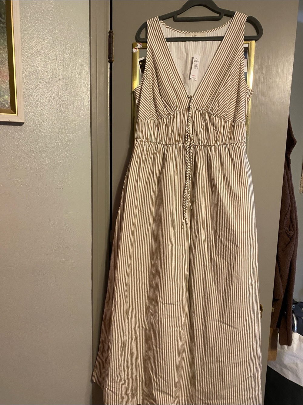 LOFT Beige and White Striped V-Neck Maxi Dress